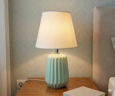Đèn Bàn Cao Cấp DB99 – Đèn Trang Trí Gốm Sứ Sọc Dọc Xanh Pastel Hiện Đại Tối Giản Cho Tab Đầu Giường Và Bàn Sofa