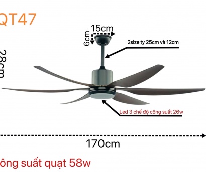 Quạt Trần Đèn Trang Trí QT47 – Động Cơ DC 50W, 6 Cánh Vân Gỗ Khủng 1676mm