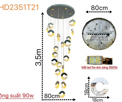Đèn Thả Thông Tầng Cao Cấp THD2351T21 – Đèn Chùm Pha Lê Hình Chữ C Hiện Đại Sang Trọng Cho Sảnh Giếng Trời Cầu Thang